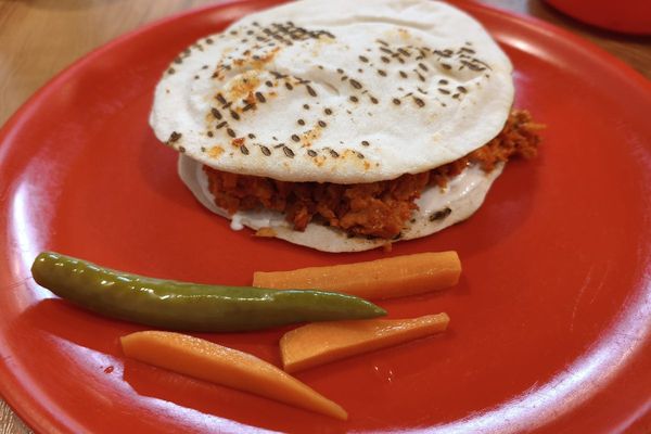 Chicken shawarma served on a red plate with pickled vegetables