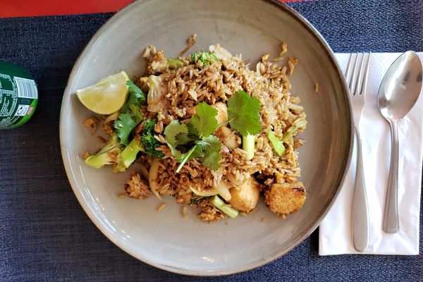 Plate of fried rice with tofu and vegetables