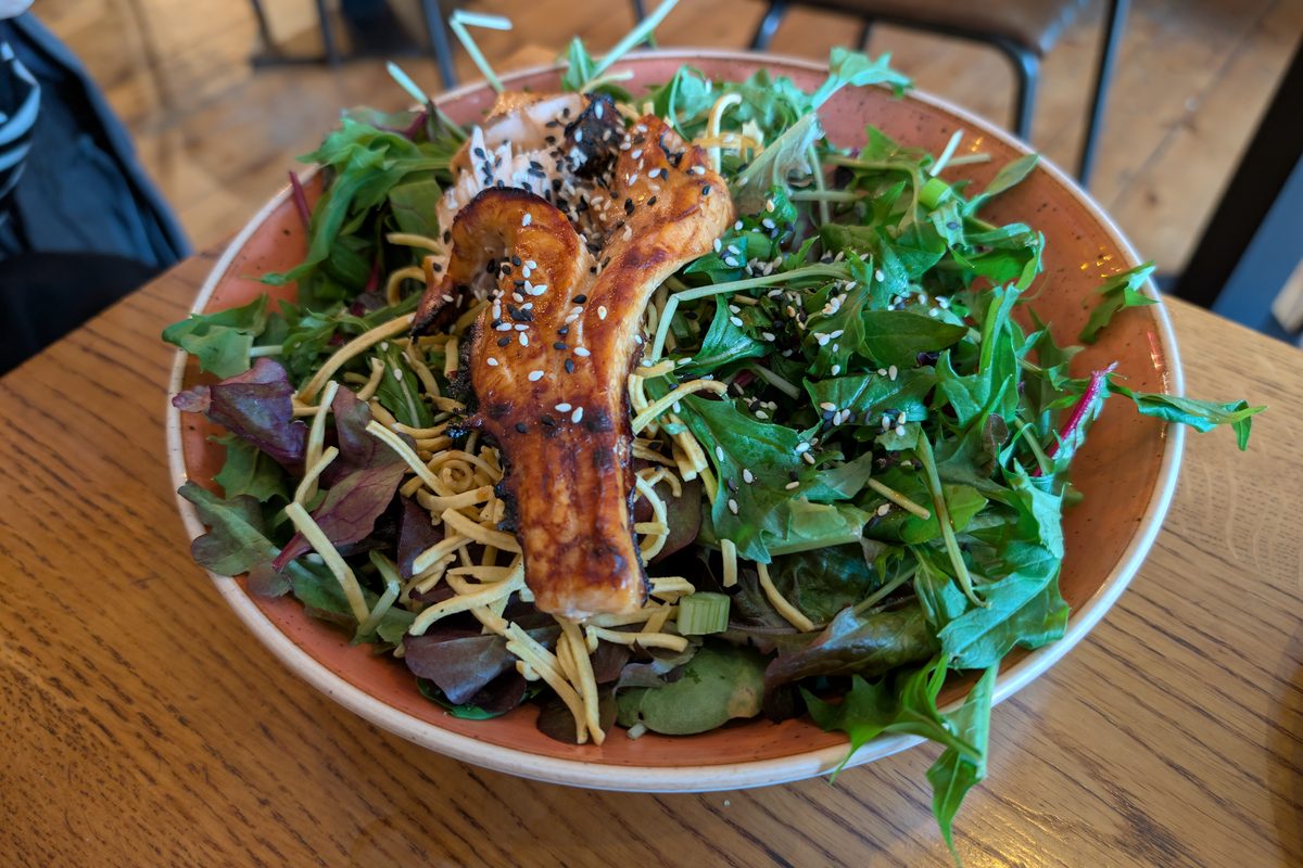 Teriyaki-glazed salmon over greens in a bowl